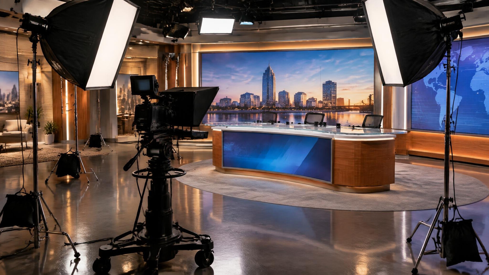 Softbox lighting rig arranged in a television studio
