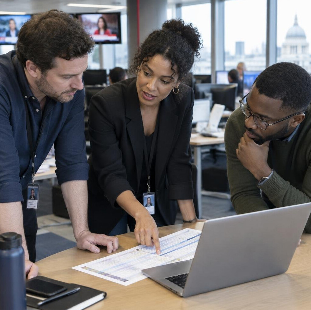 Small newsroom team planning an editorial running order around a table