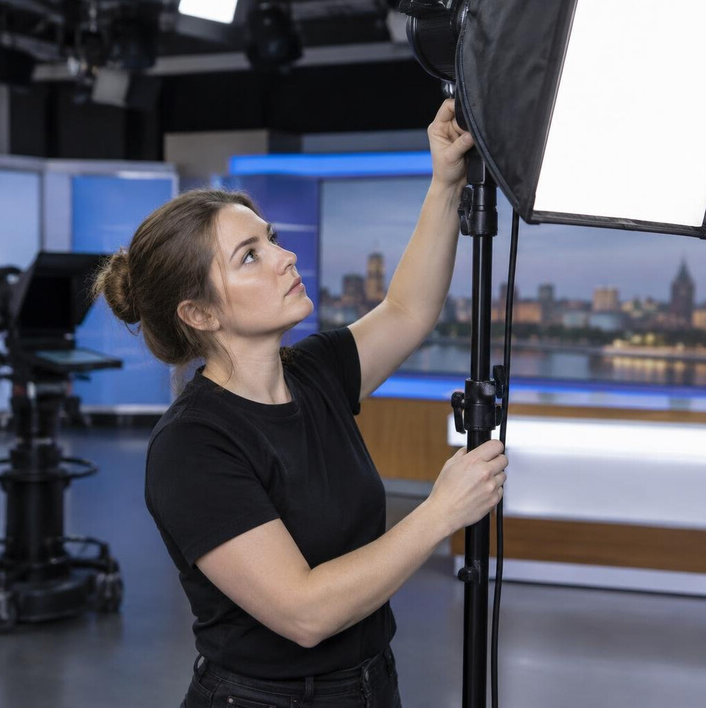 Lighting technician adjusting a studio softbox light