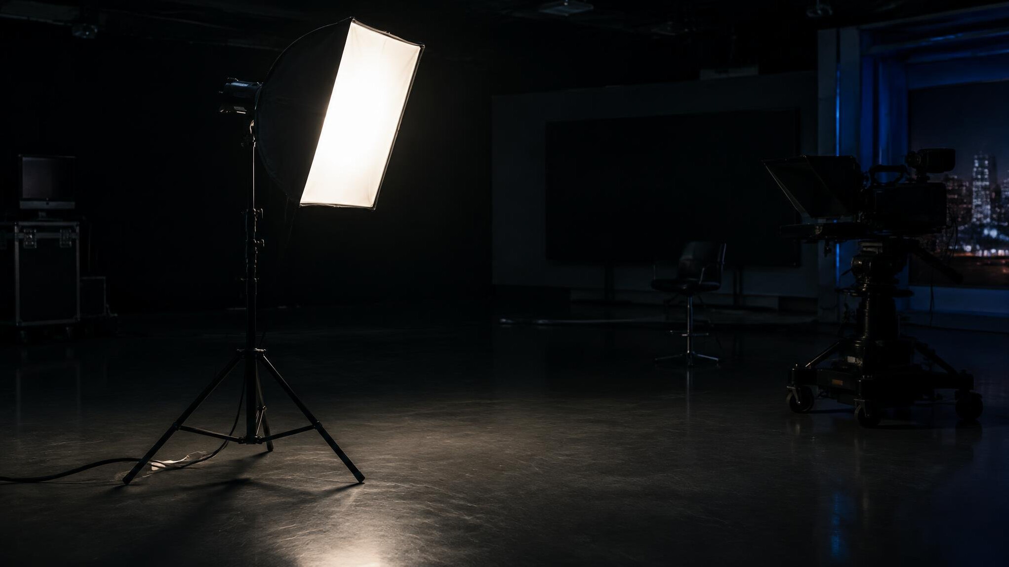 Studio light stand with a softbox glowing in a dark room