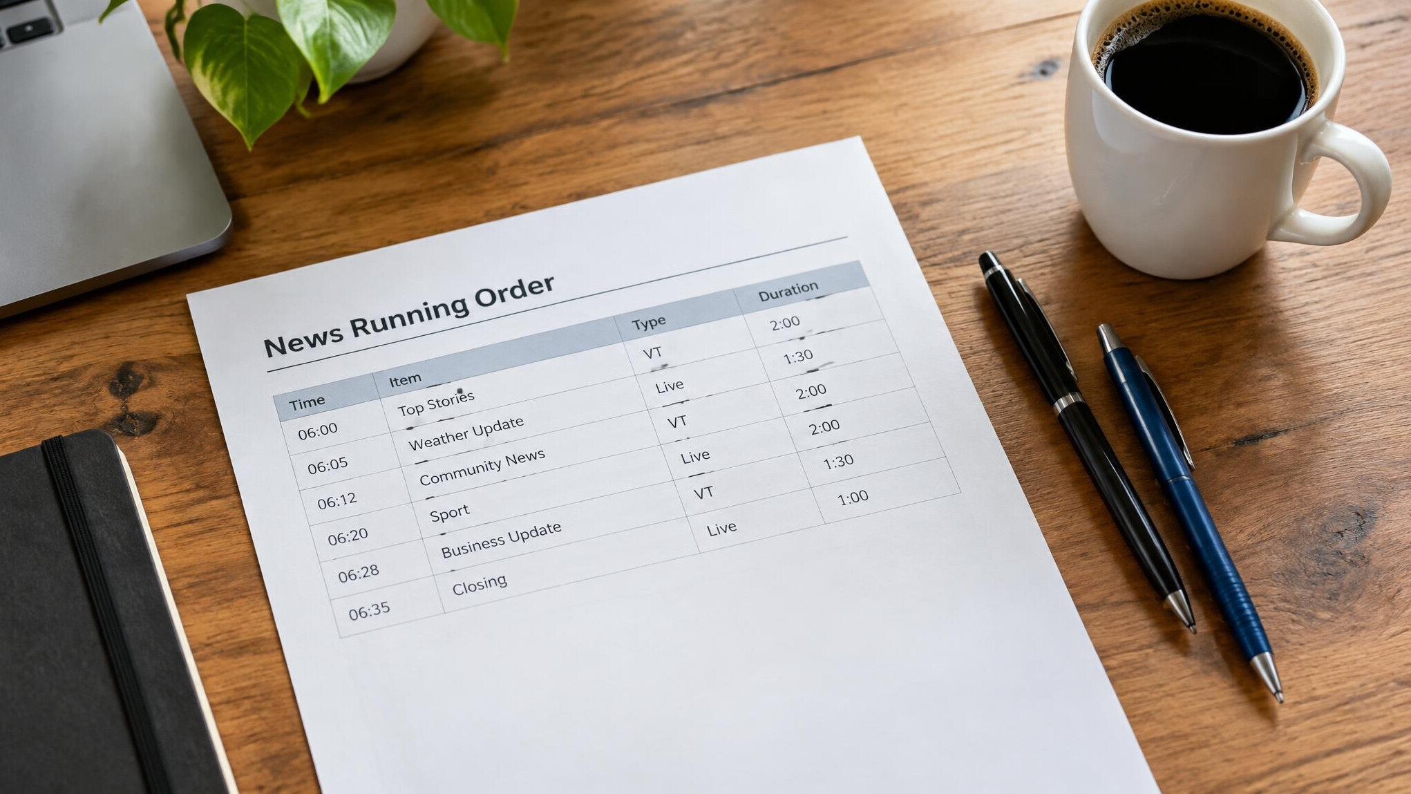 Printed running order and pens laid out on an editorial desk