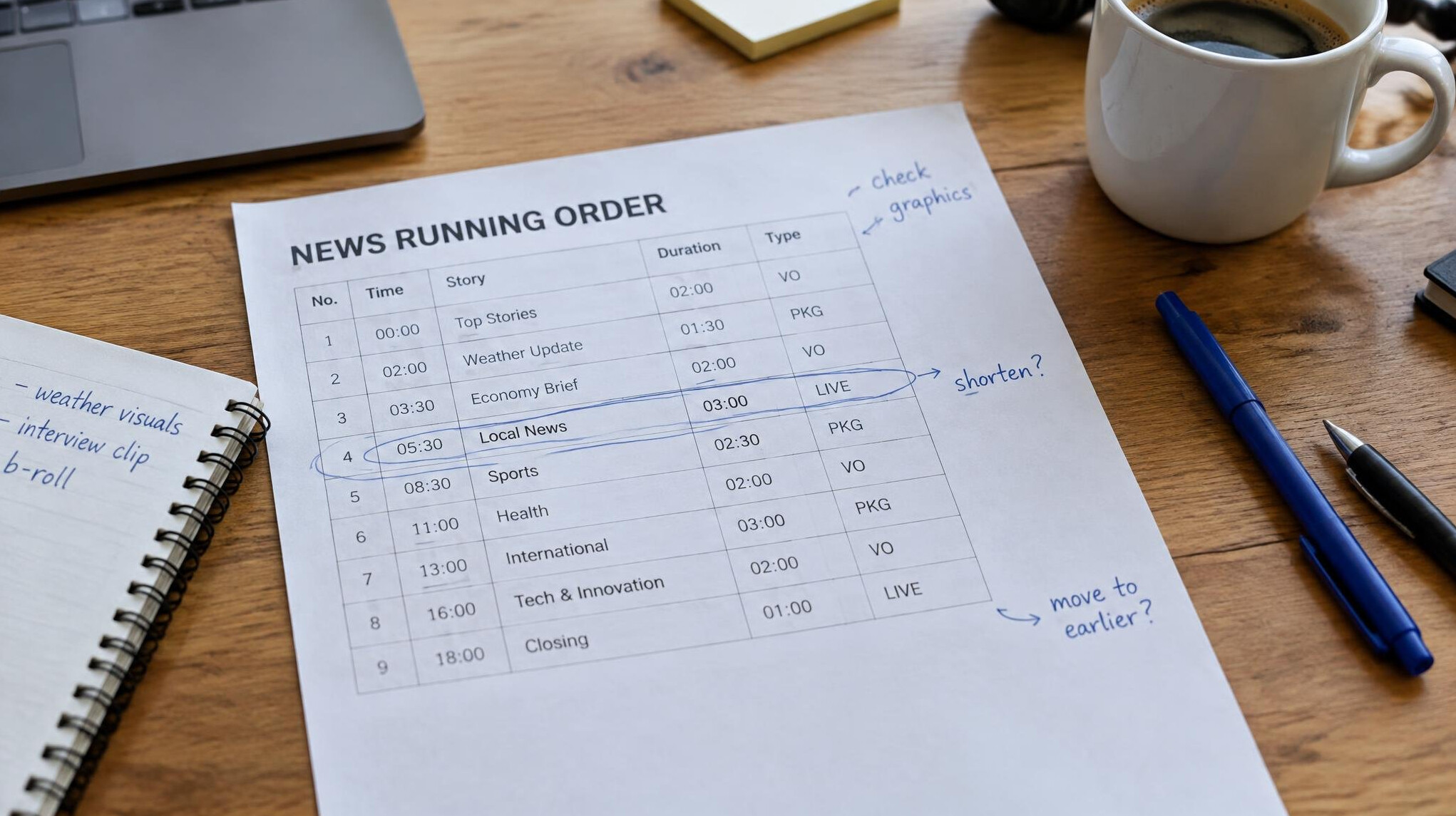 Printed news running order laid out on an editorial desk