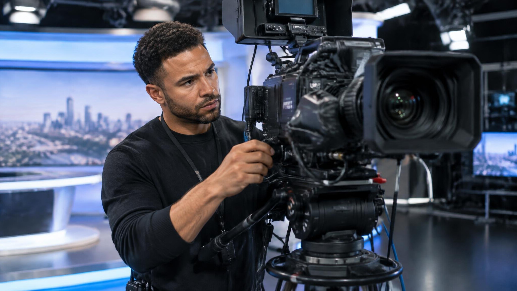 Technician calibrating a broadcast camera on a tripod