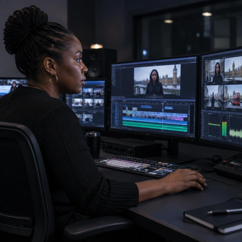 Editor reviewing broadcast footage on a multi monitor workstation