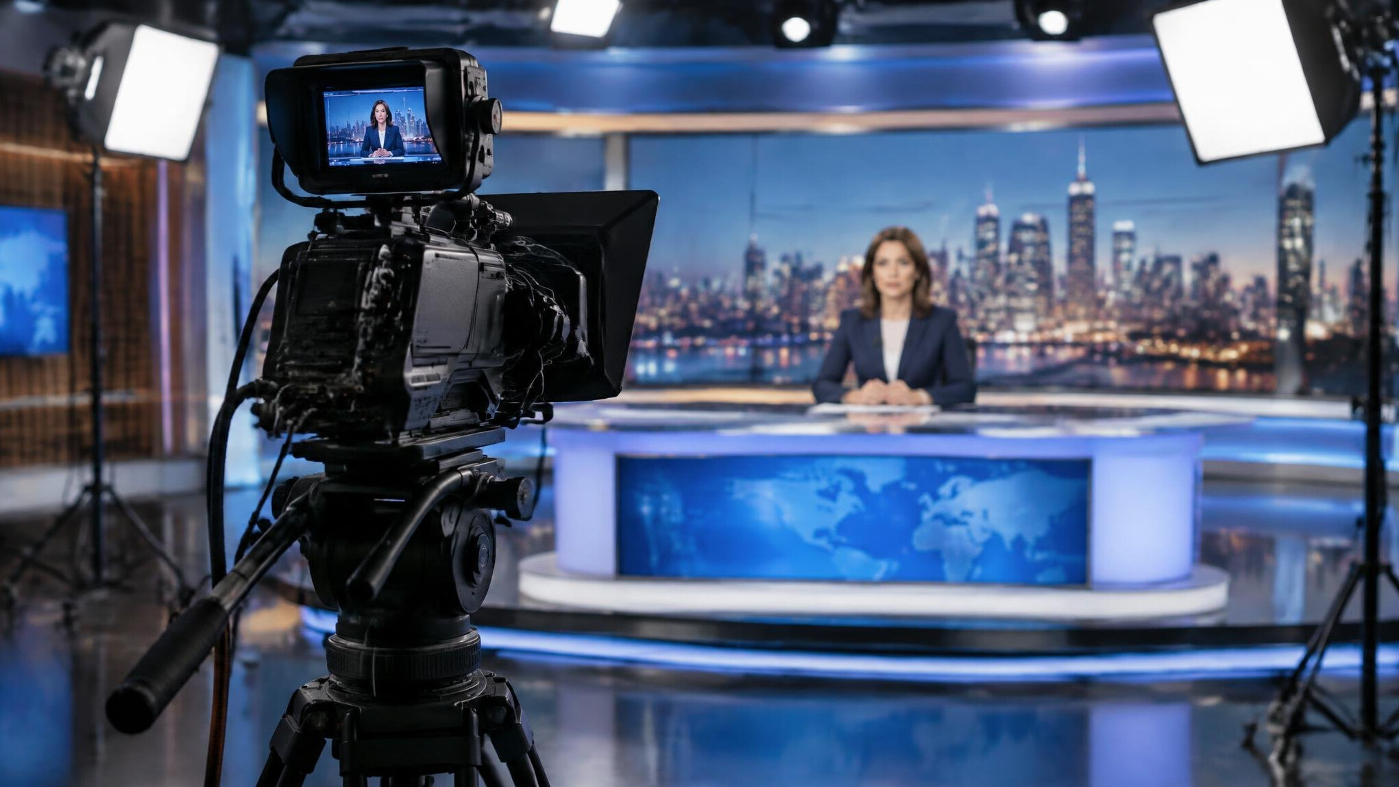 Broadcast camera operator filming in a news studio