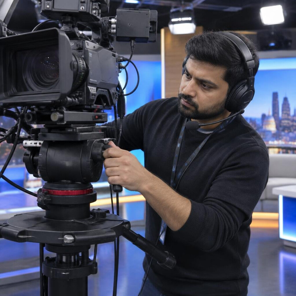 Camera operator adjusting a tripod head on set